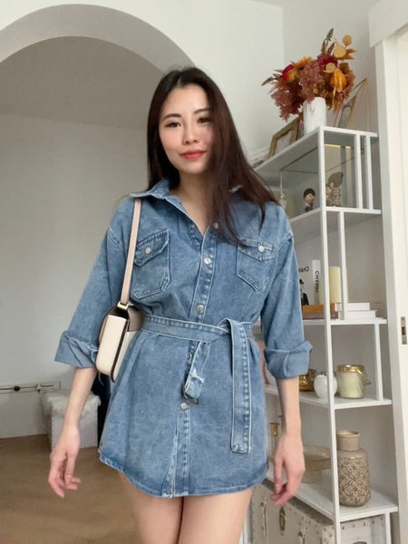 Oversized Denim Shirt with Matching Belt