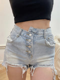 Asymmetrical Distressed Button Denim Shorts