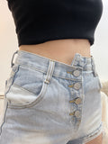 Asymmetrical Distressed Button Denim Shorts